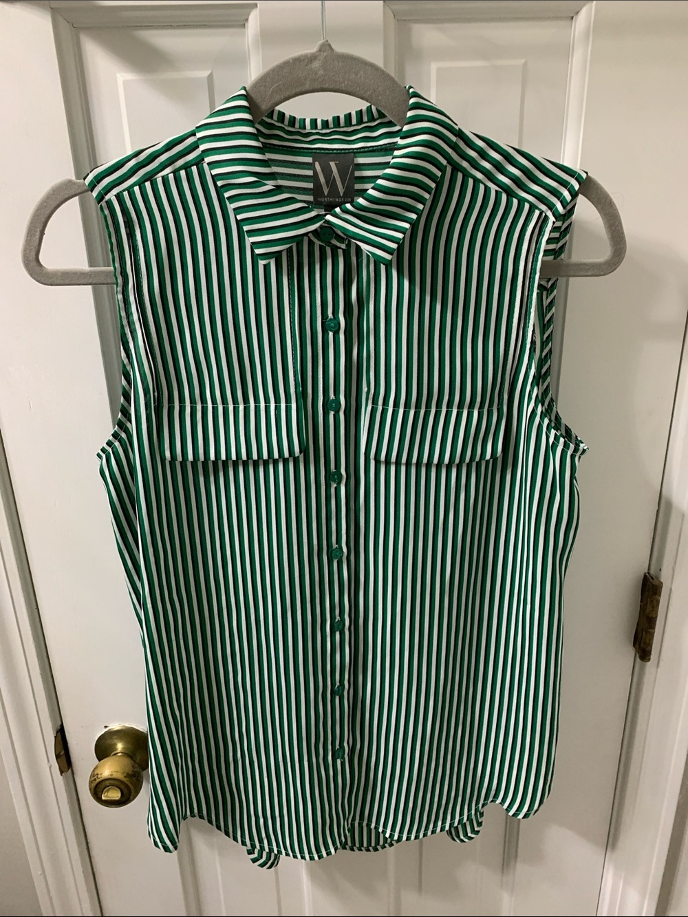 Worthington Green and White Striped Sleeveless Button-Down Top